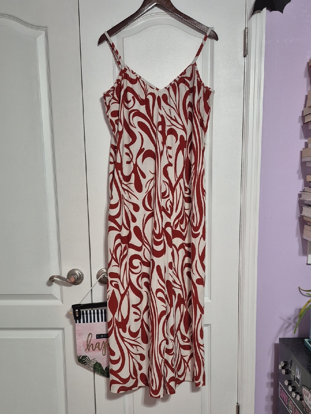 HARLOW & ROSE Sleeveless V-Neck Red and Cream Abstract Print Wide Leg Jumpsuit